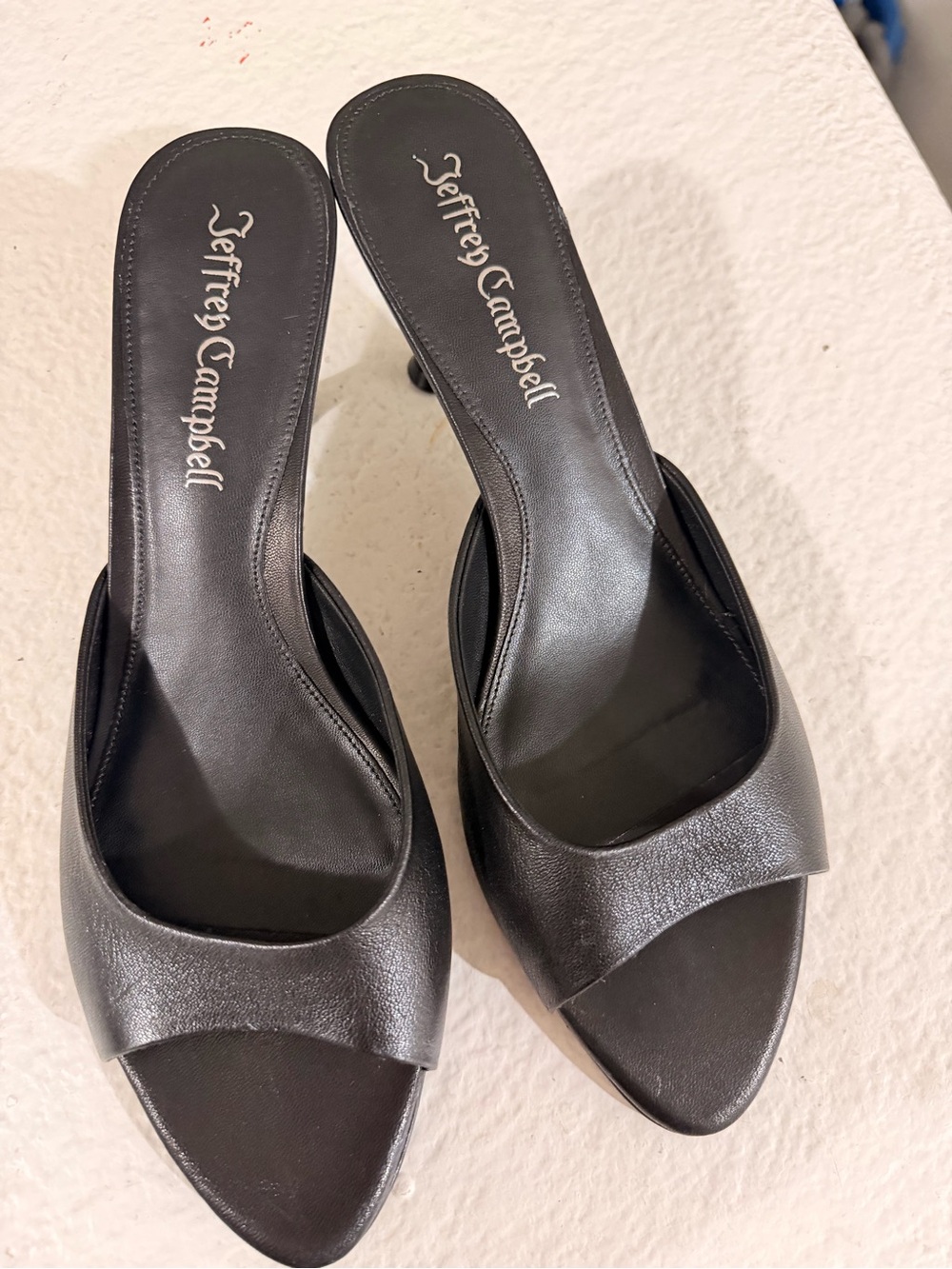 Jeffrey Campbell Black Leather Open-Toe Slide Heels